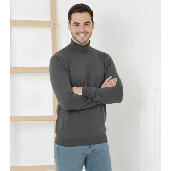 Erkek Yarım Boğaz Triko Kazak yumuşak dokulu Pamuklu ince Dokuma, uzun kollu Rahat Regular kalıp - Füme