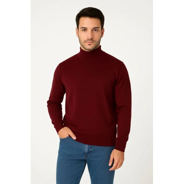 Erkek Yarım Boğaz Triko Kazak yumuşak dokulu Pamuklu ince Dokuma, uzun kollu Rahat Regular kalıp - Bordo