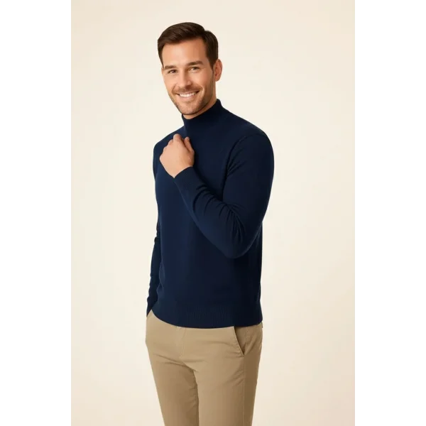 Erkek Yarım Boğaz Triko Kazak yumuşak dokulu Pamuklu ince Dokuma, uzun kollu Rahat Regular kalıp - Lacivert