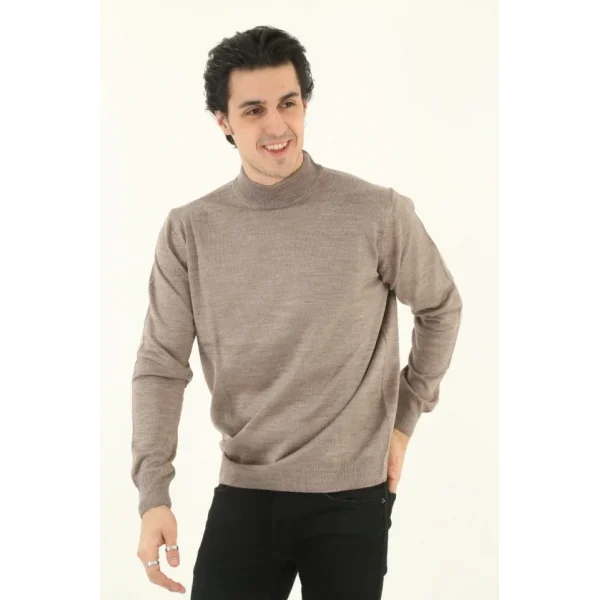 Erkek Yarım Boğaz Triko Kazak Yumuşak Dokulu Pamuklu Ince Dokuma, Uzun Kollu Rahat Regular Kalıp - Kahverengi