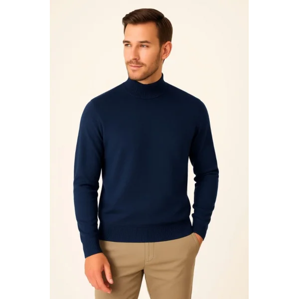 Erkek Yarım Boğaz Triko Kazak Yumuşak Dokulu Pamuklu Ince Dokuma, Uzun Kollu Rahat Regular Kalıp - Lacivert