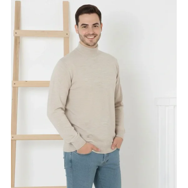 Erkek Yarım Boğaz Triko Kazak yumuşak dokulu Pamuklu ince Dokuma, uzun kollu Rahat Regular kalıp - Krem