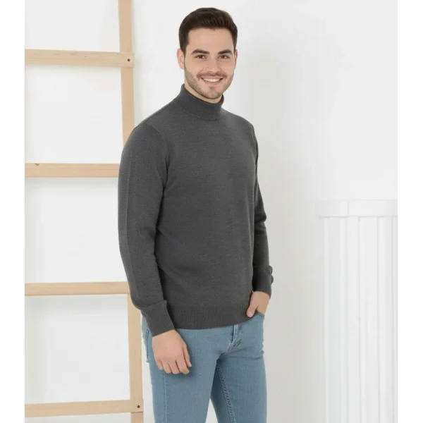 Erkek Yarım Boğaz Triko Kazak yumuşak dokulu Pamuklu ince Dokuma, uzun kollu Rahat Regular kalıp - Füme