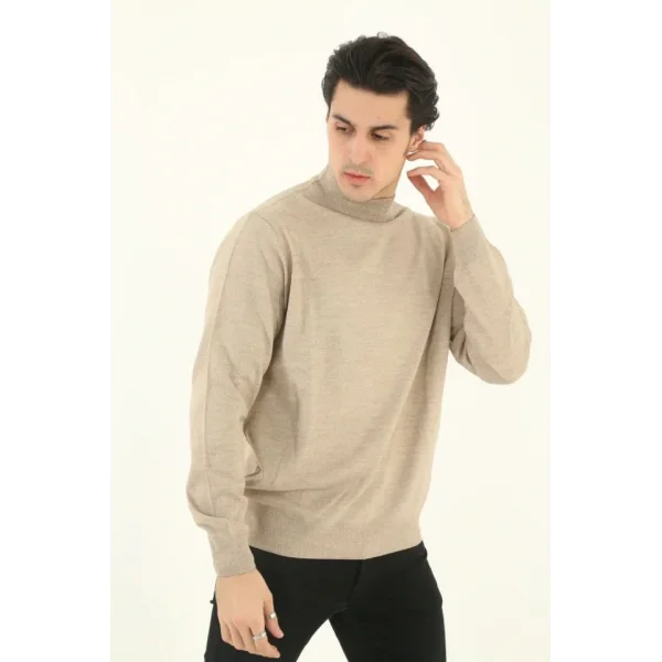 Erkek Yarım Boğaz Triko Kazak Yumuşak Dokulu Pamuklu Ince Dokuma, Uzun Kollu Rahat Regular Kalıp - Bej