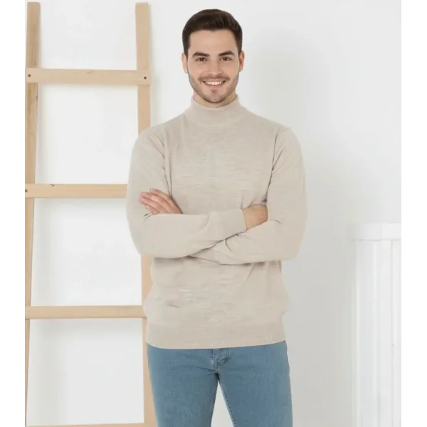 Erkek Yarım Boğaz Triko Kazak Yumuşak Dokulu Pamuklu Ince Dokuma, Uzun Kollu Rahat Regular Kalıp - Krem