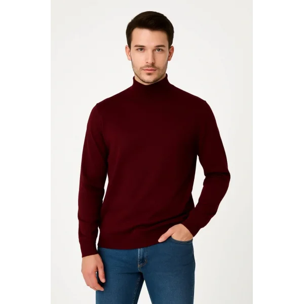 Erkek Yarım Boğaz Triko Kazak yumuşak dokulu Pamuklu ince Dokuma, uzun kollu Rahat Regular kalıp - Bordo