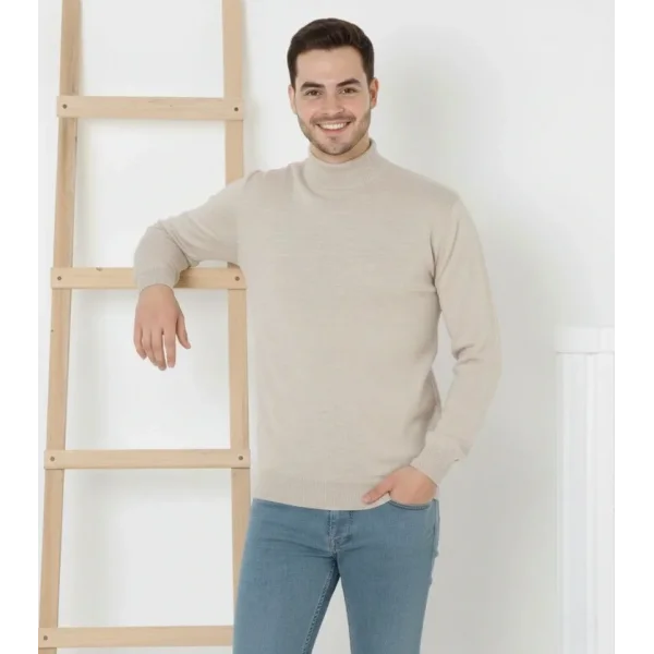 Erkek Yarım Boğaz Triko Kazak Yumuşak Dokulu Pamuklu Ince Dokuma, Uzun Kollu Rahat Regular Kalıp - Krem