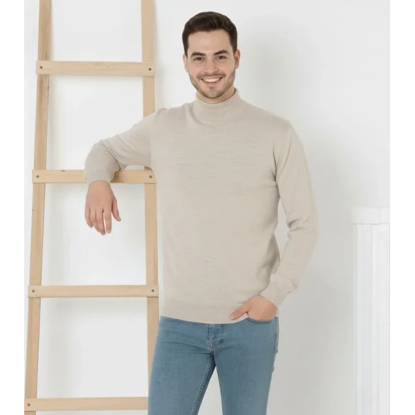 Erkek Yarım Boğaz Triko Kazak yumuşak dokulu Pamuklu ince Dokuma, uzun kollu Rahat Regular kalıp - Krem