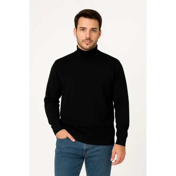 Erkek Yarım Boğaz Triko Kazak Yumuşak Dokulu Pamuklu Ince Dokuma, Uzun Kollu Rahat Regular Kalıp - Siyah