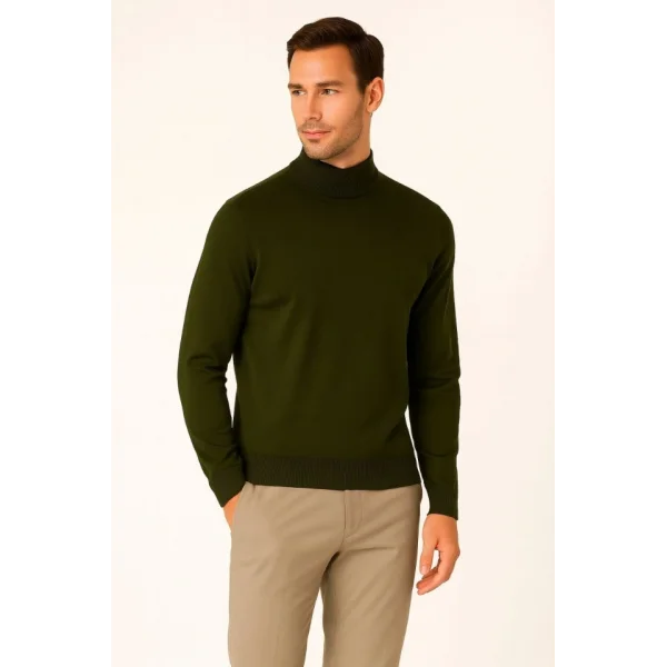 Erkek Yarım Boğaz Triko Kazak Yumuşak Dokulu Pamuklu Ince Dokuma, Uzun Kollu Rahat Regular Kalıp - Haki