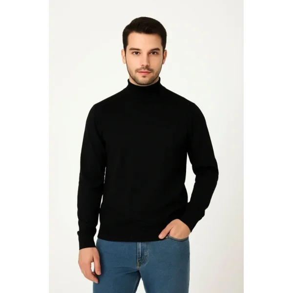 Erkek Yarım Boğaz Triko Kazak Yumuşak Dokulu Pamuklu Ince Dokuma, Uzun Kollu Rahat Regular Kalıp - Siyah