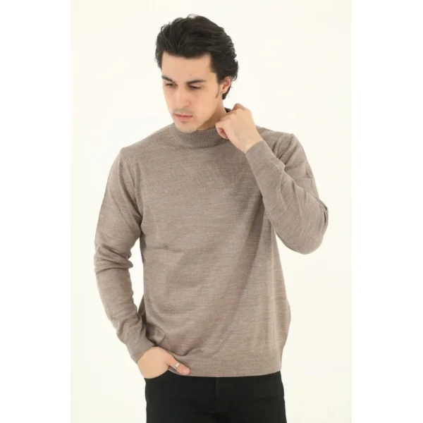 Erkek Yarım Boğaz Triko Kazak Yumuşak Dokulu Pamuklu Ince Dokuma, Uzun Kollu Rahat Regular Kalıp - Kahverengi