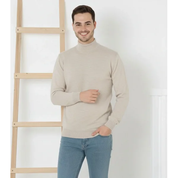 Erkek Yarım Boğaz Triko Kazak yumuşak dokulu Pamuklu ince Dokuma, uzun kollu Rahat Regular kalıp - Krem