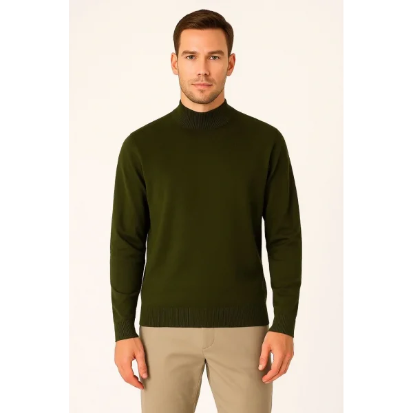 Erkek Yarım Boğaz Triko Kazak yumuşak dokulu Pamuklu ince Dokuma, uzun kollu Rahat Regular kalıp - Haki