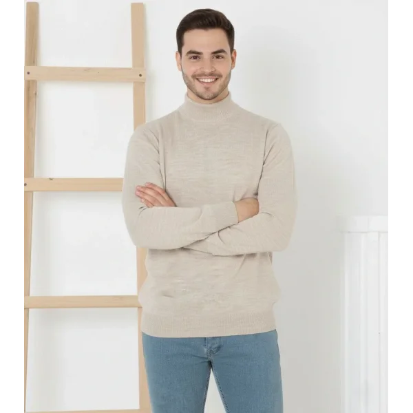 Erkek Yarım Boğaz Triko Kazak yumuşak dokulu Pamuklu ince Dokuma, uzun kollu Rahat Regular kalıp - Krem