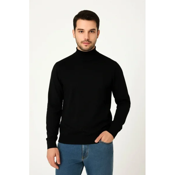 Erkek Yarım Boğaz Triko Kazak yumuşak dokulu Pamuklu ince Dokuma, uzun kollu Rahat Regular kalıp - Siyah