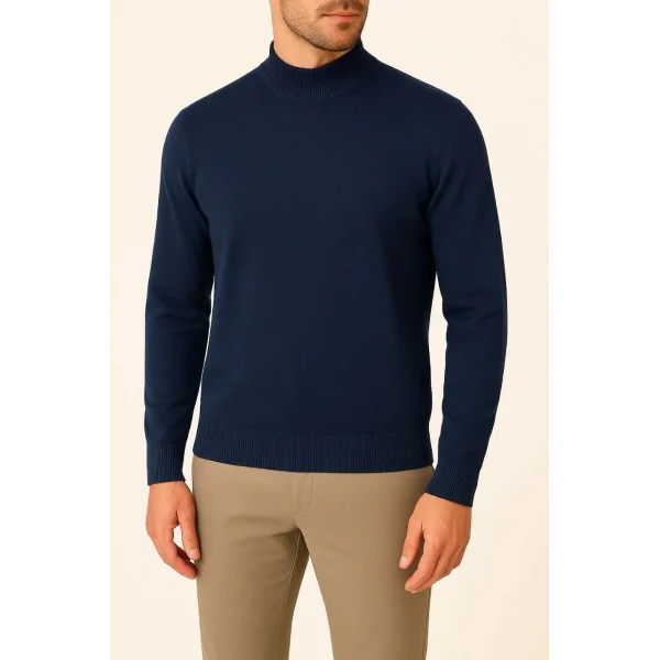 Erkek Yarım Boğaz Triko Kazak yumuşak dokulu Pamuklu ince Dokuma, uzun kollu Rahat Regular kalıp - Lacivert