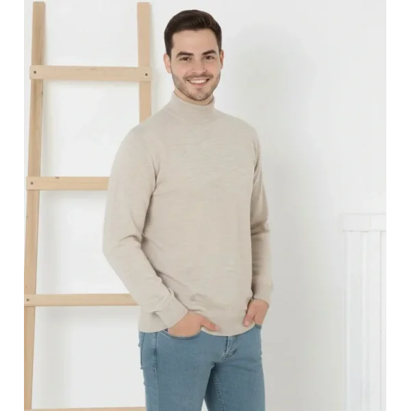 Erkek Yarım Boğaz Triko Kazak Yumuşak Dokulu Pamuklu Ince Dokuma, Uzun Kollu Rahat Regular Kalıp - Krem