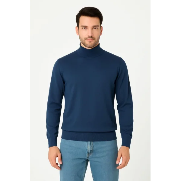 Erkek Yarım Boğaz Triko Kazak yumuşak dokulu Pamuklu ince Dokuma, uzun kollu Rahat Regular kalıp - İndigo