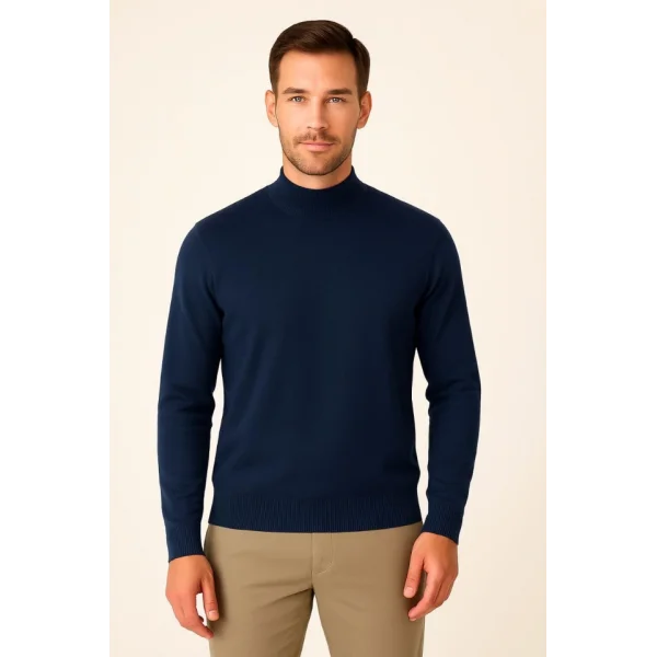 Erkek Yarım Boğaz Triko Kazak Yumuşak Dokulu Pamuklu Ince Dokuma, Uzun Kollu Rahat Regular Kalıp - Lacivert