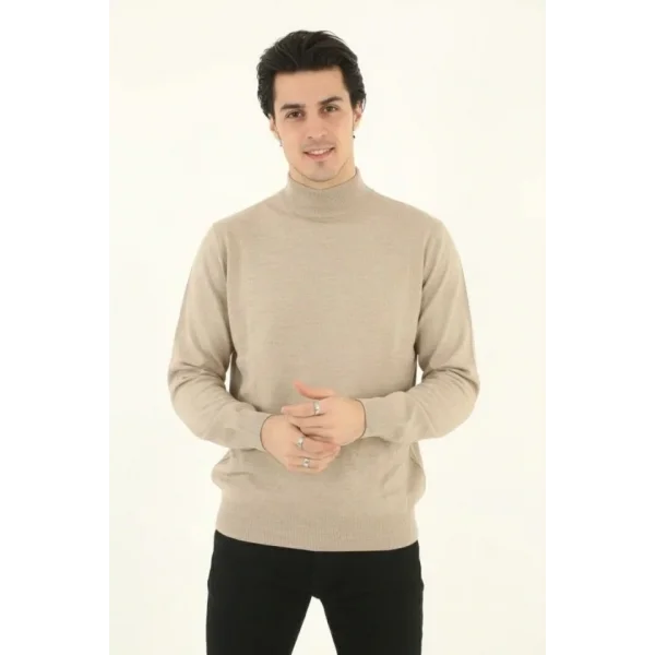 Erkek Yarım Boğaz Triko Kazak Yumuşak Dokulu Pamuklu Ince Dokuma, Uzun Kollu Rahat Regular Kalıp - Bej