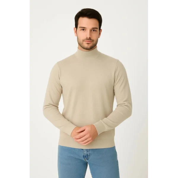 Erkek Yarım Boğaz Triko Kazak Yumuşak Dokulu Pamuklu Ince Dokuma, Uzun Kollu Rahat Regular Kalıp - Bej