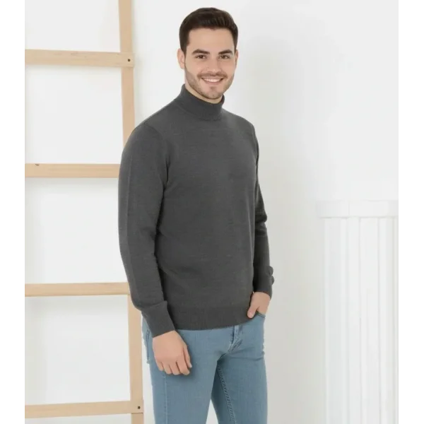 Erkek Yarım Boğaz Triko Kazak Yumuşak Dokulu Pamuklu Ince Dokuma, Uzun Kollu Rahat Regular Kalıp - Füme