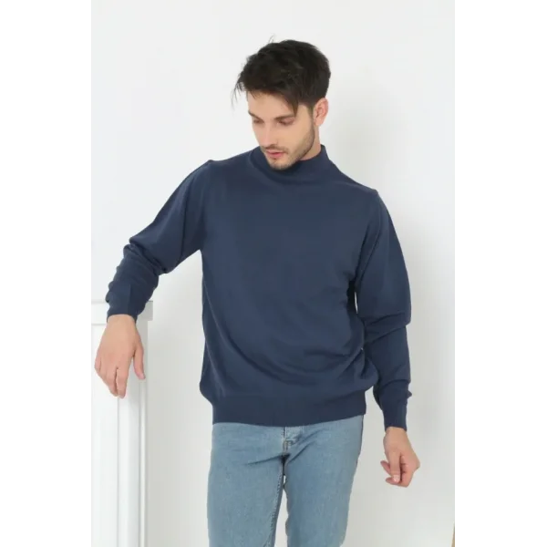 Erkek Yarım Boğaz Triko Kazak Yumuşak Dokulu Pamuklu Ince Dokuma, Uzun Kollu Rahat Regular Kalıp - İndigo