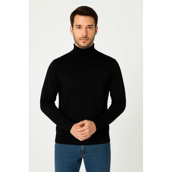 Erkek Yarım Boğaz Triko Kazak yumuşak dokulu Pamuklu ince Dokuma, uzun kollu Rahat Regular kalıp - Siyah