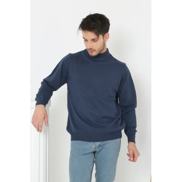 Erkek Yarım Boğaz Triko Kazak Yumuşak Dokulu Pamuklu Ince Dokuma, Uzun Kollu Rahat Regular Kalıp - İndigo