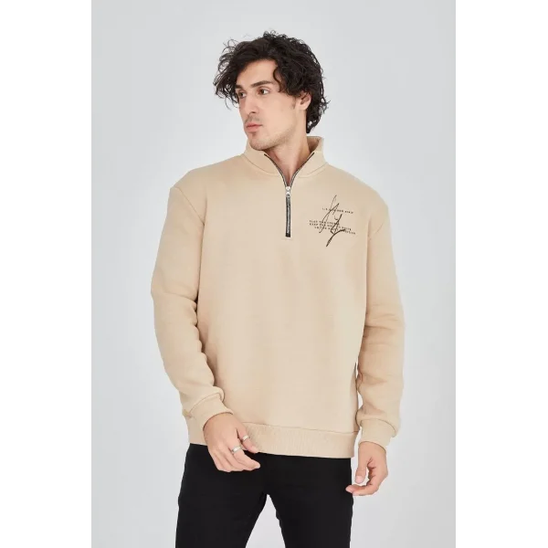 Erkek Yarım Fermuarlı Baskılı Sweat - Bej