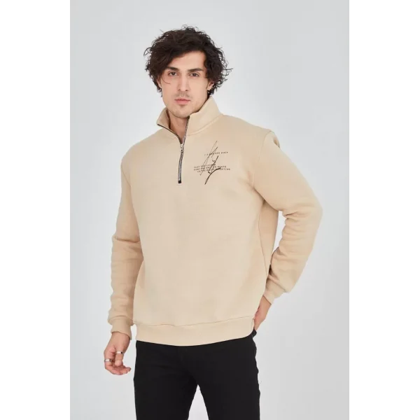 Erkek Yarım Fermuarlı Baskılı Sweat - Bej