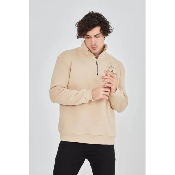 Erkek Yarım Fermuarlı Baskılı Sweat - Bej