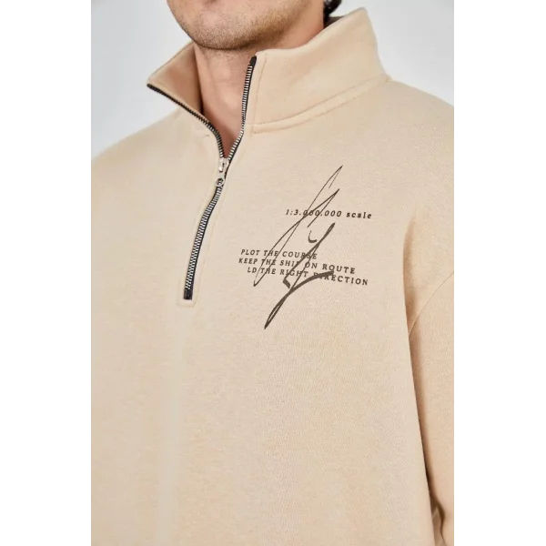 Erkek Yarım Fermuarlı Baskılı Sweat - Bej