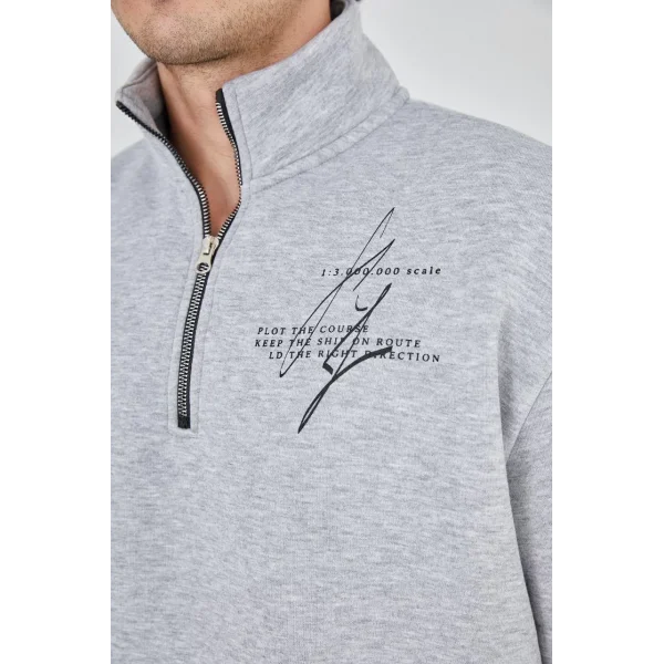 Erkek Yarım Fermuarlı Baskılı Sweat - Gri
