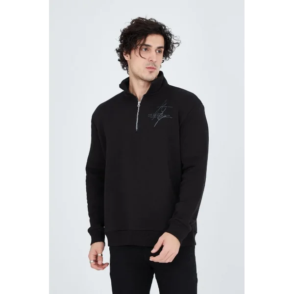 Erkek Yarım Fermuarlı Baskılı Sweat - Siyah