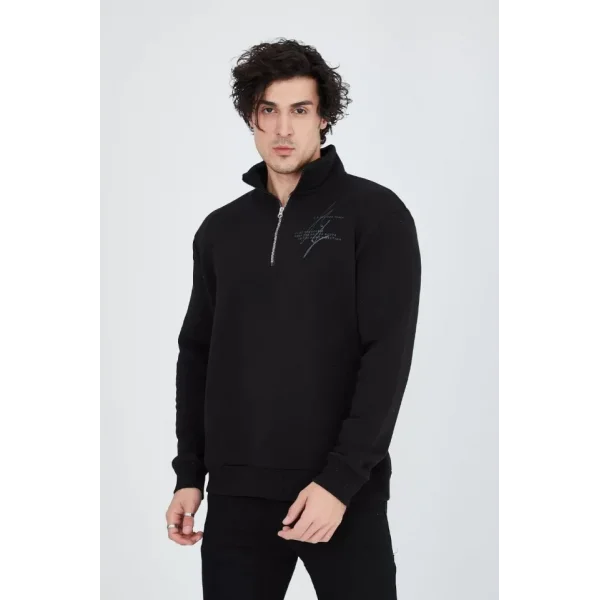 Erkek Yarım Fermuarlı Baskılı Sweat - Siyah