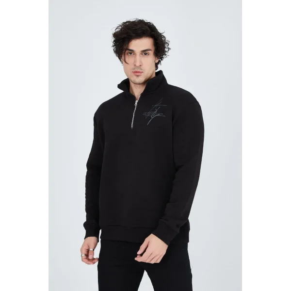 Erkek Yarım Fermuarlı Baskılı Sweat - Siyah