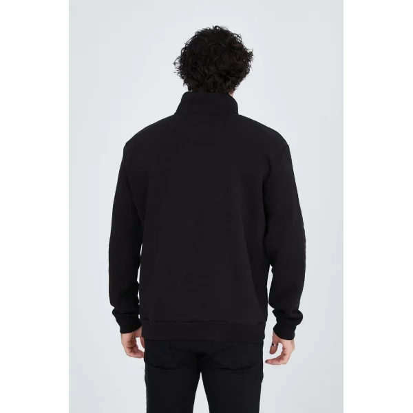 Erkek Yarım Fermuarlı Baskılı Sweat - Siyah