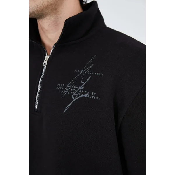 Erkek Yarım Fermuarlı Baskılı Sweat - Siyah