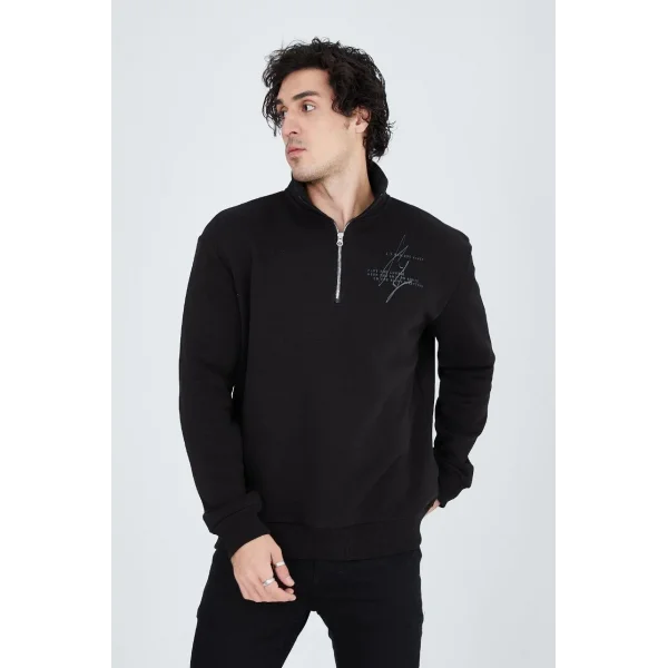Erkek Yarım Fermuarlı Baskılı Sweat - Siyah