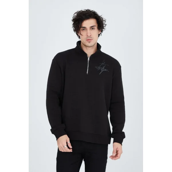 Erkek Yarım Fermuarlı Baskılı Sweat - Siyah