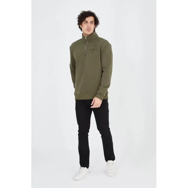 Erkek Yarım Fermuarlı Baskılı Sweat - Yeşil