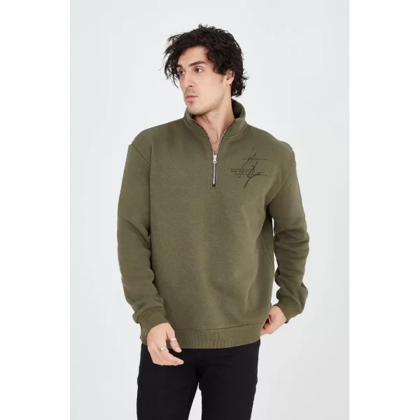 Erkek Yarım Fermuarlı Baskılı Sweat - Yeşil