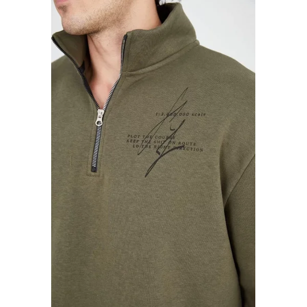 Erkek Yarım Fermuarlı Baskılı Sweat - Yeşil