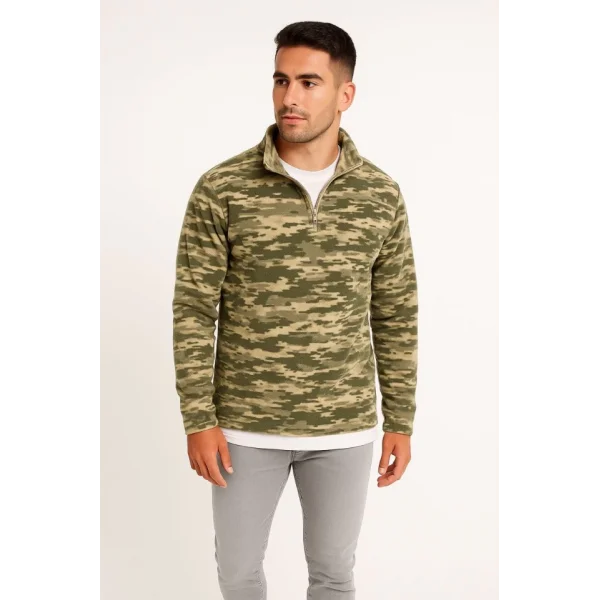 Erkek Yarım Fermuarlı Desenli Polar Sweat – Haki Kamuflaj Yakalı, Uzun Kollu, Oversize Rahat Kalıp - Haki