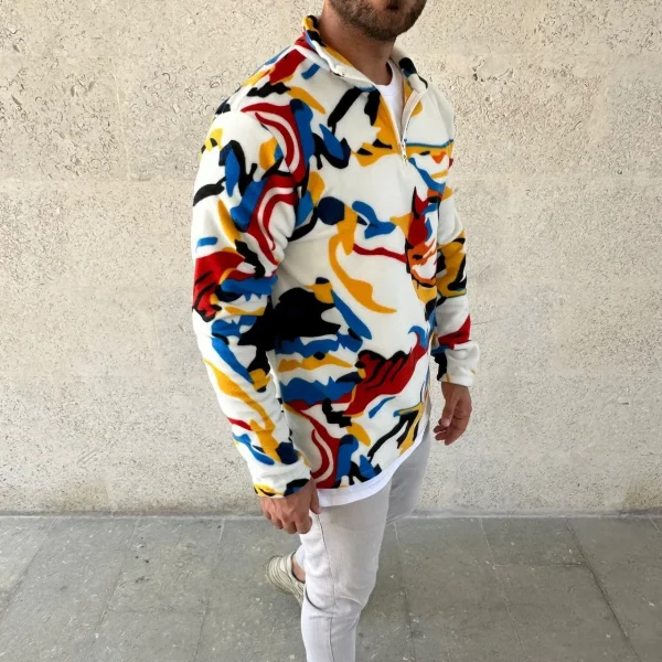 Erkek Yarım Fermuarlı Desenli Polar Sweat – Renkli Abstract Desen Yakalı, Uzun Kollu, Oversize Rahat Kalıp, - Beyaz