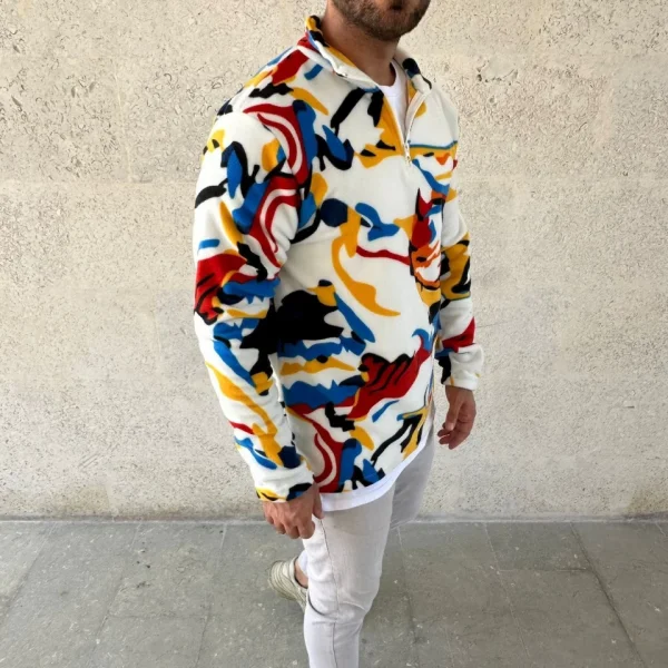 Erkek Yarım Fermuarlı Desenli Polar Sweat – Renkli Abstract Desen Yakalı, Uzun Kollu, Oversize Rahat Kalıp,  - Beyaz