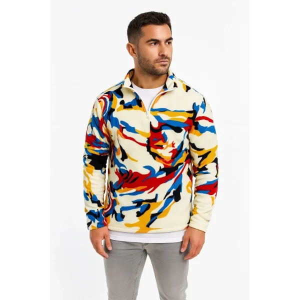 Erkek Yarım Fermuarlı Desenli Polar Sweat – Renkli Abstract Desen Yakalı, Uzun Kollu, Oversize Rahat Kalıp, - Beyaz