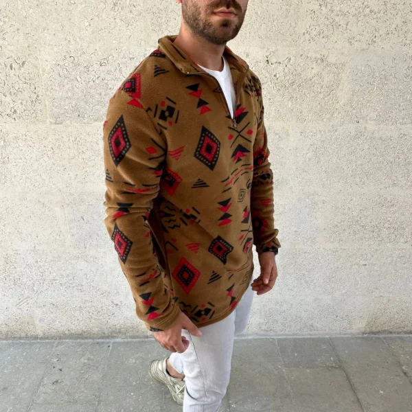 Erkek Yarım Fermuarlı Desenli Polar Sweat Tribal Etnik Desen Yakalı, Uzun Kollu, Oversize Rahat Kalıp, - Kahverengi